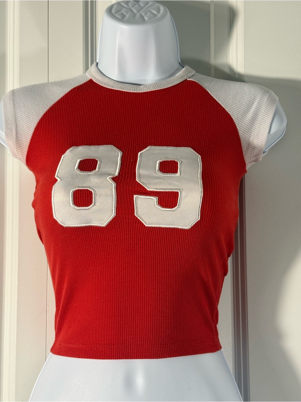 Rue21 Red Ribbed Crop Tee with White Raglan Sleeves & '89 Patch